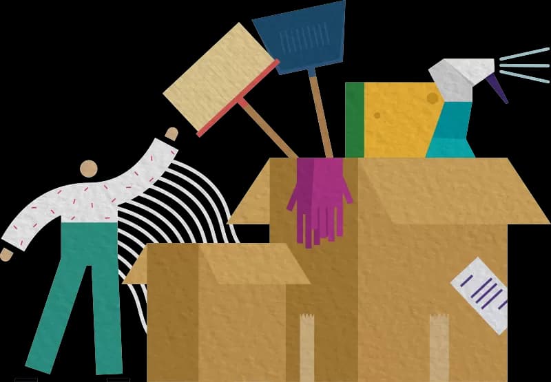 man with boxes and cleaning tools